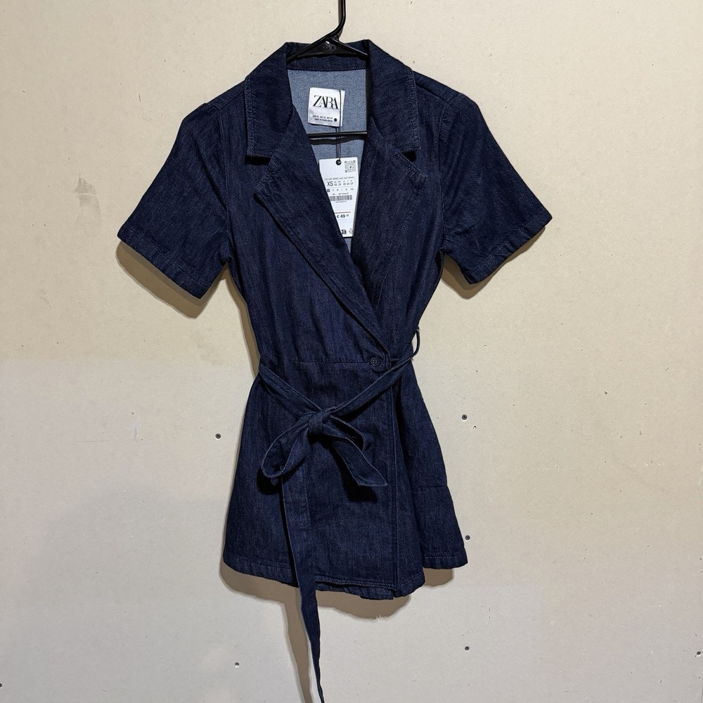 NWT Zara ZW Collection Denim Romper Double Breasted Belted Dark Wash XS